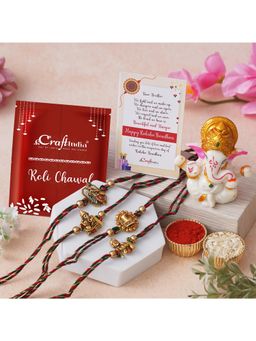 eCraftIndia - Pack Of 4 Krishna Playing Flute, Ganesha, Shivling Rakhis, Ganesha Idol
