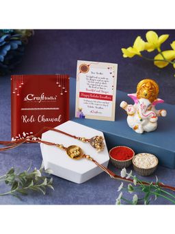 eCraftIndia - Brown & Golden Bhaiya Bhabhi Rakhi, Lord Ganesha Idol, Roli Chawal, Card