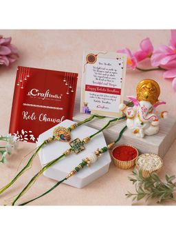eCraftIndia - Pack Of 3 Peacock, Flower, Beads, Pearls Designer Rakhis, Ganesha Idol