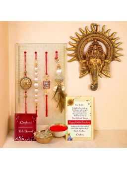 eCraftIndia - Pack Of 4 Floral, Pearls, Diamonds, Lumba Rakhis, Ganesha Wall Hanging