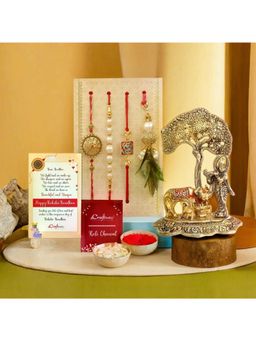 eCraftIndia - Pack Of 4 Floral Pearl Diamond Lumba Designer Rakhis, Lord Krishna Idol