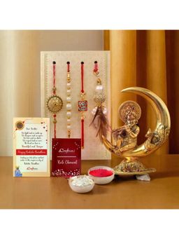 eCraftIndia - Pack Of 4 Floral Designer Rakhis for Brothers & Bhabhi, Lord Krishna Idol