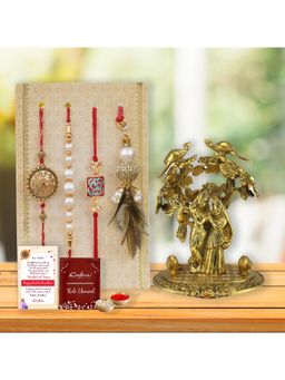 eCraftIndia - Pack Of 4 Floral Pearls Diamonds Lumba Designer Rakhis, Radha Krishna Idol