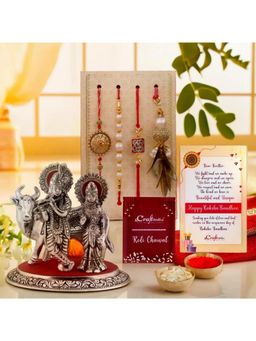 eCraftIndia - Pack Of 4 Designer Rakhis with Radha Krishna Idol & Roli Chawal, Card