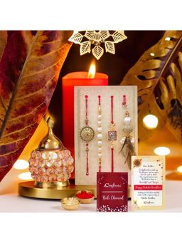 eCraftIndia - Pack Of 4 Floral, Pearls, Diamonds, Lumba Designer Rakhis, Crystal Diya
