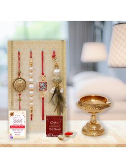 eCraftIndia - Pack Of 4 Floral, Pearls, Diamonds, Lumba Designer Rakhis, Brass Diya