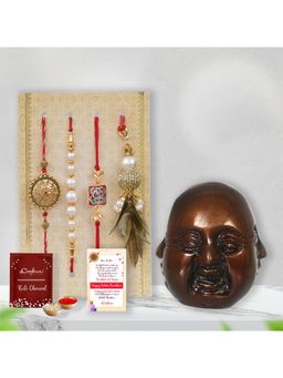 eCraftIndia - Pack Of 4 Floral, Pearls, Diamonds, Lumba Rakhis, Laughing Buddha Statue