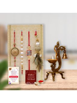 eCraftIndia - Pack Of 4 Floral, Pearls, Diamonds, Lumba Designer Rakhis, Brass Diya