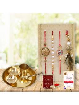 eCraftIndia - Pack Of 4 Floral, Pearls, Diamonds, Lumba Designer Rakhis, Pooja Thali