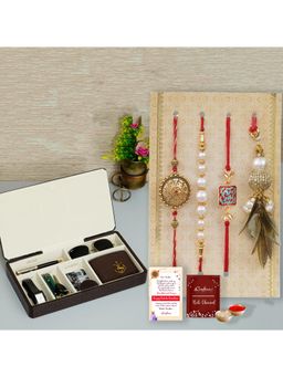 eCraftIndia - Pack Of 4 Floral, Pearls, Diamonds, Lumba Rakhis, Organizer Box