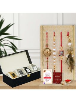 eCraftIndia - Pack Of 4 Floral, Pearls, Diamonds, Lumba Rakhis, Watch Organizer Box