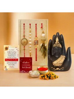 eCraftIndia - Pack Of 4 Floral Designer Rakhis for Brothers & Bhabhi, Palm Buddha Statue