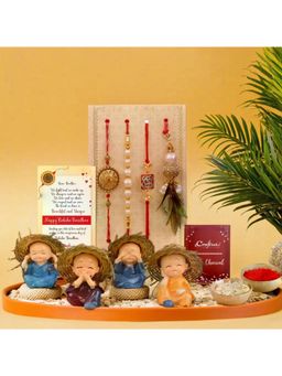 eCraftIndia - Pack Of 4 Floral Designer Rakhis for Brothers Bhabhi, 4 Monk Buddha Statue