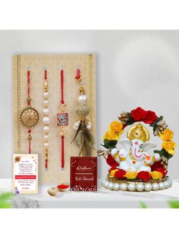 eCraftIndia - Pack Of 4 Floral, Pearls Diamonds Lumba Designer Rakhis, Lord Ganesha Idol