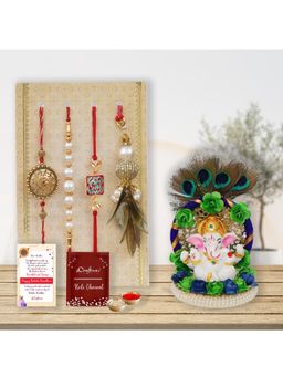 eCraftIndia - Pack Of 4 Floral, Pearls Diamonds Lumba Designer Rakhis, Lord Ganesha Idol