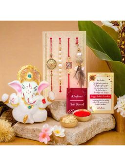 eCraftIndia - Pack Of 4 Floral, Pearls Diamonds Lumba Designer Rakhis, Lord Ganesha Idol