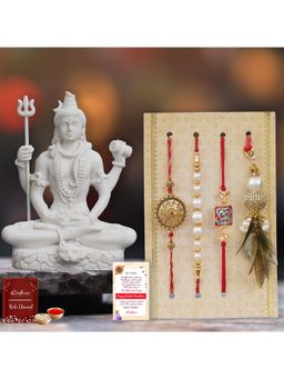 eCraftIndia - Pack Of 4 Floral, Pearls, Diamonds, Lumba Rakhis, Lord Shiva Statue