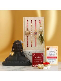 eCraftIndia - Floral, Pearls, Diamonds, Lumba Rakhis, Adiyogi Shiva Statue Pack Of 4