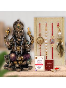 eCraftIndia - Pack Of 4 Floral, Pearls Diamonds Lumba Designer Rakhis, Lord Ganesha Idol