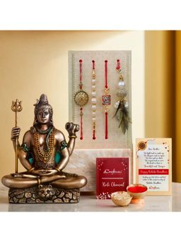 eCraftIndia - Pack Of 4 Floral, Pearls, Diamonds, Lumba Rakhis, Lord Shiva Statue
