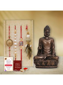 eCraftIndia - Pack Of 4 Floral, Pearls, Diamonds, Lumba Rakhis, Lord Buddha Statue
