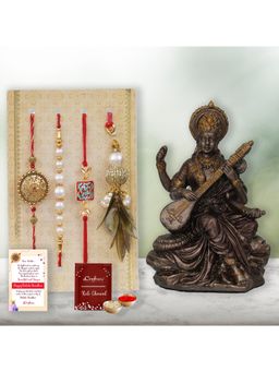 eCraftIndia - Pack Of 4 Floral, Pearls, Diamonds, Lumba Designer Rakhis, Saraswati Idol