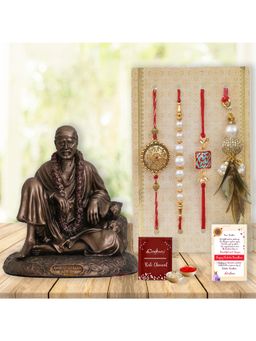 eCraftIndia - Pack Of 4 Floral, Pearls, Diamonds, Lumba Designer Rakhis, Sai Baba Statue