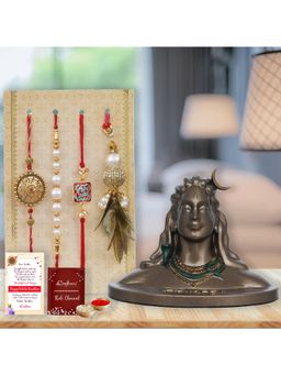 eCraftIndia - Pack Of 4 Floral, Pearls, Diamonds, Lumba Rakhis, Adiyogi Shiva Statue