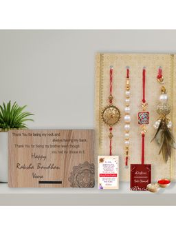 eCraftIndia - Pack Of 4 Floral, Pearls, Diamonds, Lumba Rakhis, Gift and Roli Chawal
