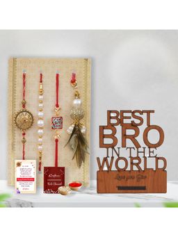 eCraftIndia - Pack Of 4 Floral, Pearls, Diamonds, Lumba Rakhis, Wooden Showpiece Gift