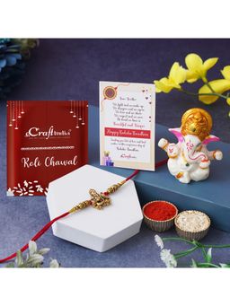 eCraftIndia - Golden Religious Designer Ganesha Rakhi Red Thread, Lord Ganesha Idol