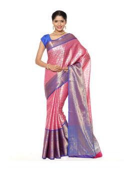 Banarasi Silk Works - Pink Kanchi Silk Blue Pattu Border Saree with Unstitched Blouse