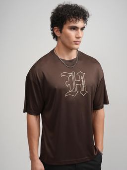 HIGHLANDER - Men Brown Round Neck Drop Shoulder Oversized T-shirt