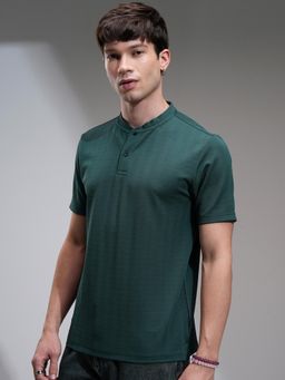 HIGHLANDER - Men Teal Henley Striped Relaxed Fit T-shirt
