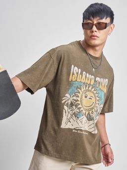 HIGHLANDER - Men Brown Drop-Shoulder Sleeves Oversized T-shirt