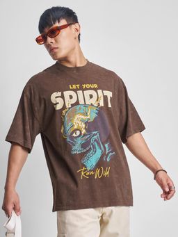 HIGHLANDER - Men Brown Printed Drop-Shoulder Sleeves Oversized T-shirt