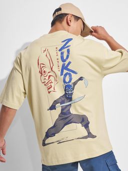 HIGHLANDER - Men Beige Printed Cotton Oversized T-shirt