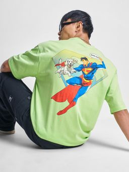 HIGHLANDER - Superman Superhero Men Green Printed Cotton Oversized T-shirt