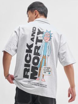 HIGHLANDER - Warner Bros Rick and Morty Men Grey Oversized Drop Shoulder Polo T-shirt