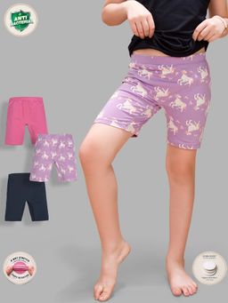 TRESNOVA - Kids Girls Cotton Lycra Antimicrobial Unicorn Cycling Shorts (Pack of 3)