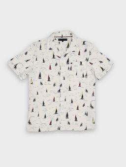 Tommy Hilfiger - Boys Printed Relaxed-Fit Linen-Blend Shirt White