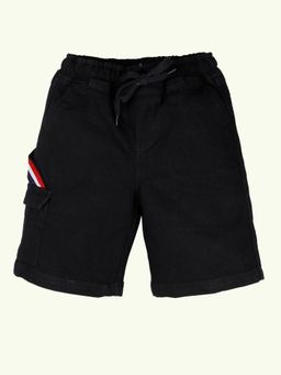 KiddoPanti - Boys Denim Solid Cargo Shorts with Multi Color Tape On Side Strap Black