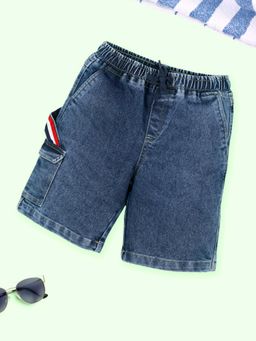 KiddoPanti - Boys Denim Solid Cargo Shorts with Multi-Color Tape On Side Strap Blue