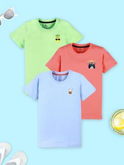 KiddoPanti - Boys Cotton Half Sleeves T-shirt Green/Blue/Coral (Pack of 3)