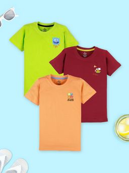 KiddoPanti - Boys Cotton Half Sleeves T-shirt Lt Orange/Maroon/Neon Green (Pack of 3)