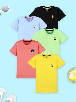 KiddoPanti - Boys Cotton Half Sleeves T-shirt Black/Green/Coral/Yellow/Blue (Pack of 5)