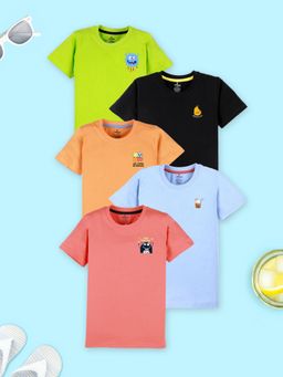 KiddoPanti - Boys Cotton Half Sleeves T-shirt Green/Blue/Orange/Coral/Black (Pack of 5)