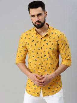 SHOWOFF - Men Roll-Up Sleeves Yellow Abstract Shirt
