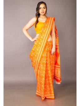 Unnati Silks - Orange Pure Krisha Block Printed Cotton Saree with Unstitched Blouse