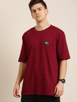 Difference of Opinion - Maroon Self-Design Oversized T-Shirt